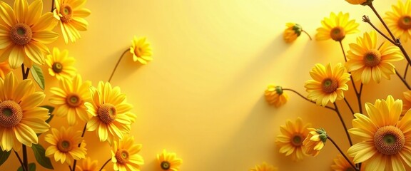 Obraz premium A yellow background with a bunch of yellow flowers. The flowers are in various sizes and are scattered throughout the image. Scene is bright and cheerful, as the yellow flowers bring a sense of warmth