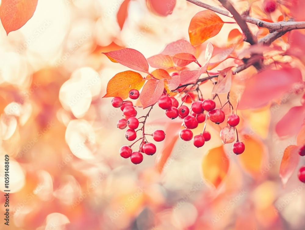Poster a close up of red berries on a tree branch with fall leaves, blurred background for bokeh effect