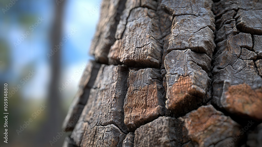 Aufkleber close-up of weathered bark showcasing intricate textures and patterns, with a soft focus background.