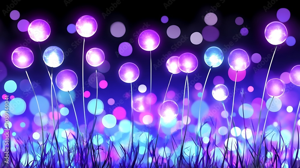 Aufkleber glowing purple lights in a field plain textured background for web design and copy