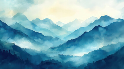 Misty Blue Mountainscape: A serene watercolor painting of majestic mountains shrouded in mist, evoking a sense of tranquility and wonder. Perfect for meditation, travel, or nature-themed projects. 
