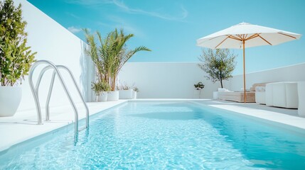 A Modern Minimalist White Pool Area in Spain: Sunlit Oasis with Umbrella and Ladder