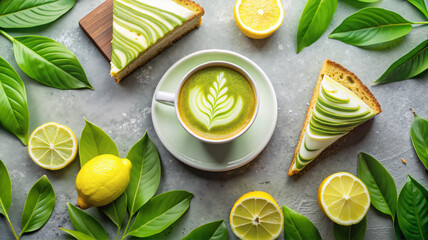 Matcha latte with lemon cheesecake and fresh lemons

