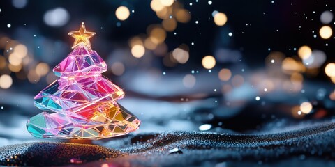 A vibrant crystal Christmas tree glows with colorful lights, surrounded by soft bokeh and sparkling snow, creating a magical holiday atmosphere. Perfect for festive and winter-themed designs.
