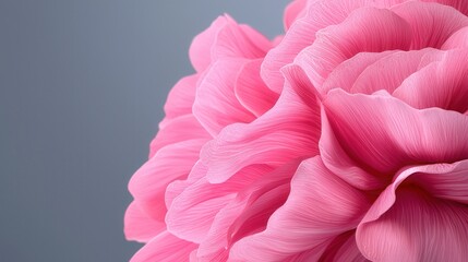 A close-up of a vibrant pink peony flower gracefully layered against a soft gray background.