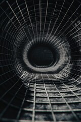 Curved metal structure with open center, resembling a tunnel or vortex. Modern art piece.