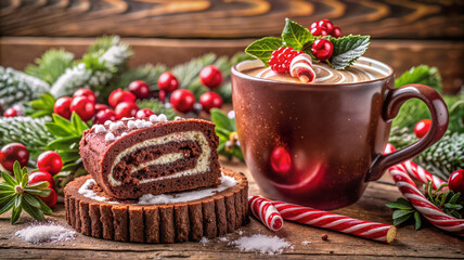 Holiday hot chocolate with chocolate roll cake and candy canes

