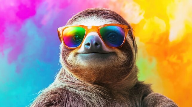 A silly slow loris is captured in a funny pose for the camera, against a vibrant, colorful background. The photo has a lighthearted and creative feel to it.