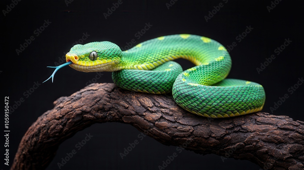 Poster a vibrant green tree python resting on a textured branch, showcasing its stunning scales and curious