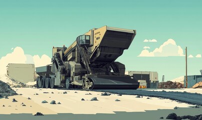 Construction vehicle laying asphalt in a desert.