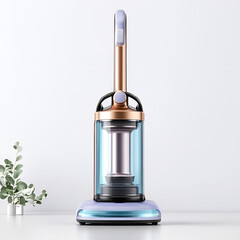 Modern upright vacuum cleaner with sleek design and transparent dust container on minimalistic background
