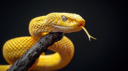 Naklejka premium Close-up of a vibrant yellow snake resting on a branch, showcasing its intricate scales and flicking tongue.