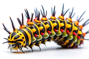 Naklejka premium Vibrant Close-Up of a Colorful Segmented Caterpillar with Sharp Spines on White Background