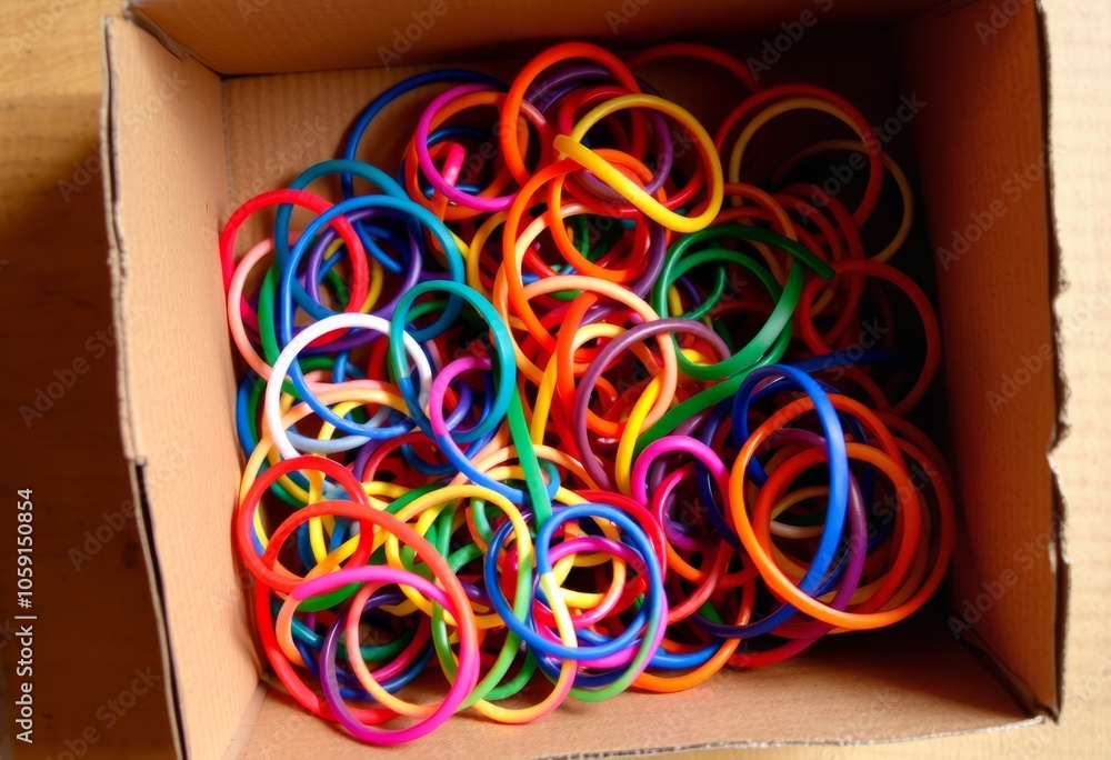 Poster from inside a half empty box of rubber bands tangled and colorfu