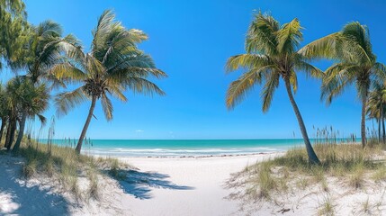 Scenic tropical beach with white sands and coconut palms swaying under blue skies, inviting travel inspiration.