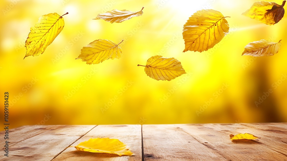 Poster autumn leaves fall on wooden table subtle blur background with space for custom text