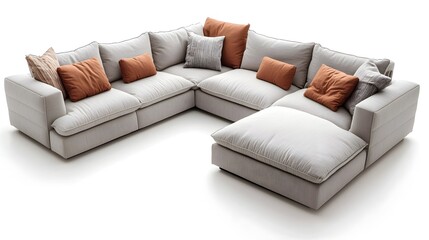 Elegant Gray L Shaped Sectional Sofa With Plush Cushions on White Background