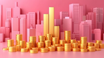 Obraz premium Gold coins in front of a city skyline with a large gold bar in the middle.
