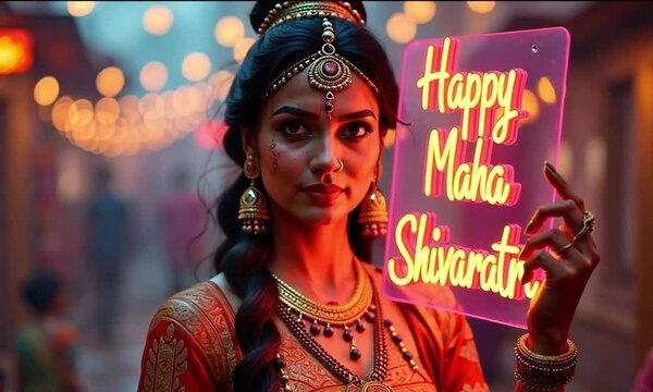 Happy Maha Shivaratri Neon Box Text held by beautiful hindi girl wearing shiva attribute