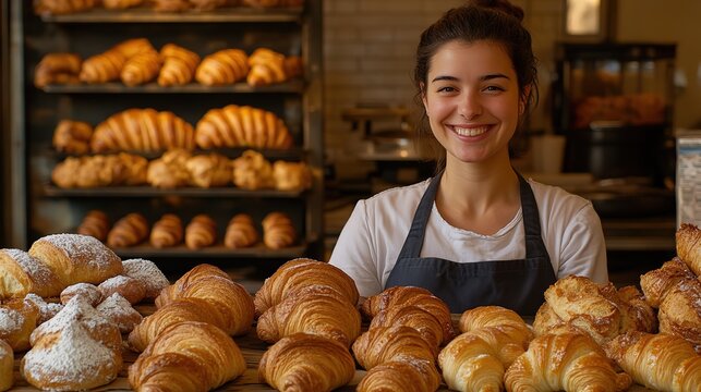 Happy attractive french woman working baking fresh white bread croissant and sweets with uniform apron, smiling young female owner of a small business selling homemade bread, bakery shop background