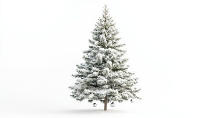 Fototapeta premium Snowy pine tree with Christmas ornaments, isolated on a white background, for a minimalist holiday theme with winter vibes