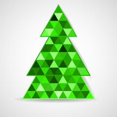 Obraz premium Abstract geometric Christmas tree with green triangles and shadow on white background, mosaic style