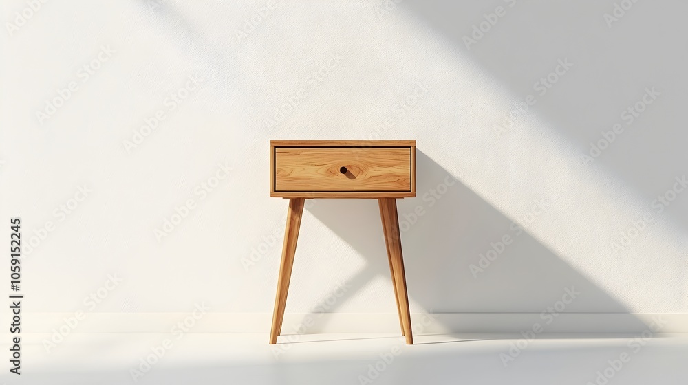 Poster minimalist wooden side table with single drawer and angled legs for scandinavian inspired spaces