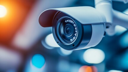 A close-up view of a surveillance camera, designed for monitoring and security purposes.