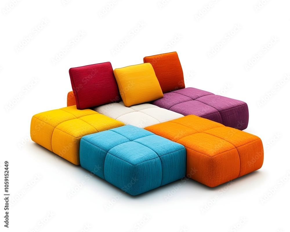 Poster modular colorful sofa system with interchangeable seating arrangement on white background