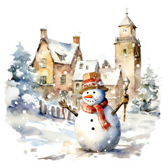 Naklejka premium Watercolor cute christmas snowman in a hat and scarf and snow in a winter village. Festive watercolor illustration clipart isolated on transparent background. PNG,