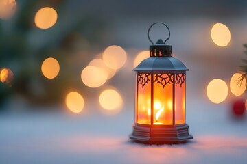 Warm candle lantern with festive bokeh lights