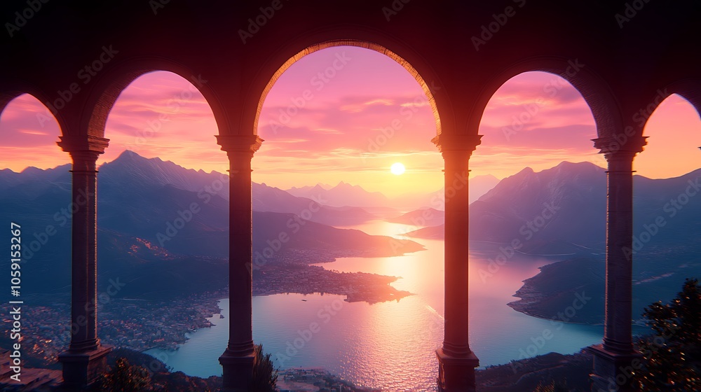 Poster sunset view through arches clean blank canvas with empty space for designs