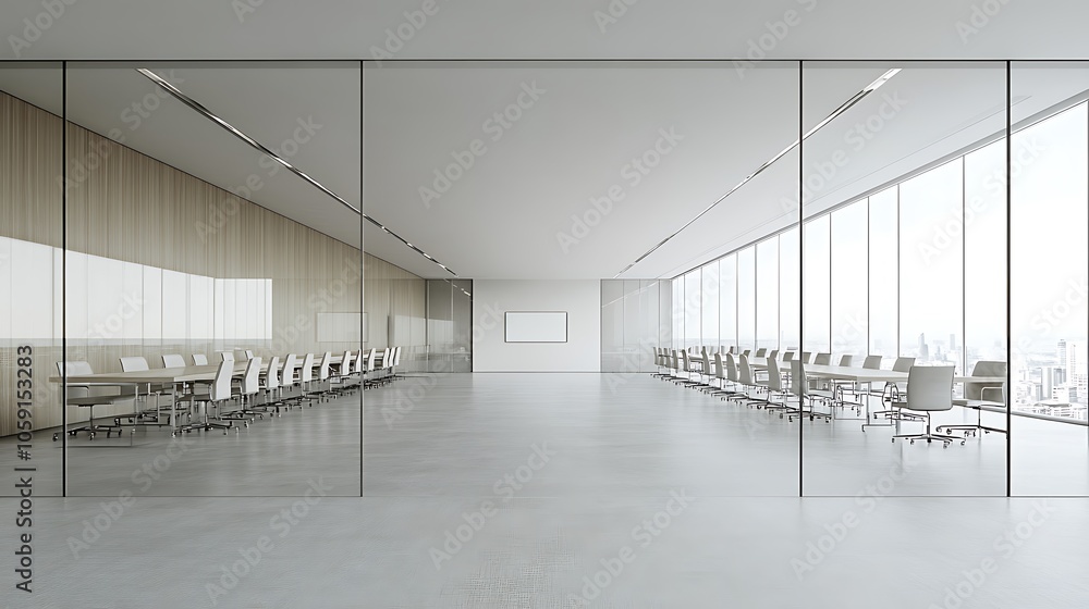 Poster modern office meeting room with large windows subtle blur background with space for custom text