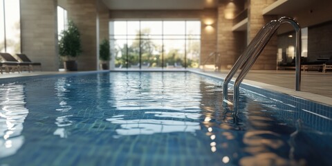 Obraz premium A luxurious indoor swimming pool with blue tile and stainless steel fixtures.