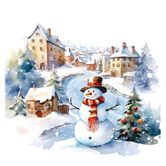 Naklejka premium Watercolor cute christmas snowman in a hat and scarf and snow in a winter village. Festive watercolor illustration clipart isolated on transparent background. PNG,