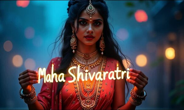 Happy Maha Shivaratri Neon Box Text held by beautiful hindi girl wearing shiva attribute