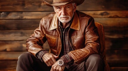Obraz premium Rugged Cowboy in Vintage Leather Jacket Sitting Against Rustic Wooden Wall