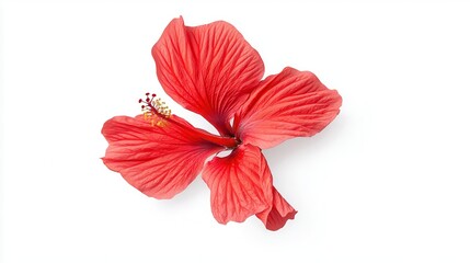 Obraz premium A vibrant red hibiscus flower displaying intricate petal textures on a white background.