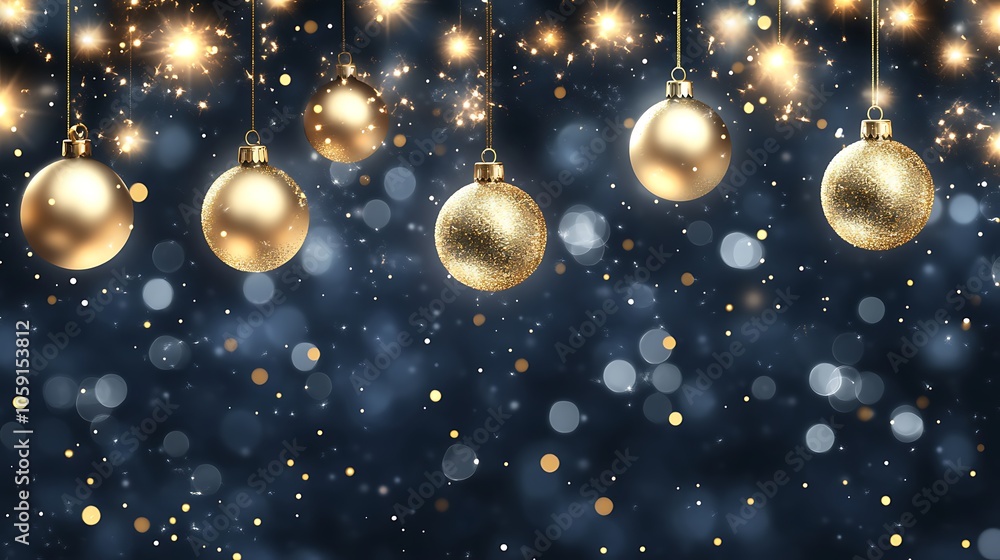Poster golden christmas ornaments with sparkles plain textured background for web design and copy