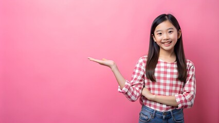 smiling young asian teen girl looking and presenting
