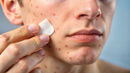 Young man treating acne with cotton pad

