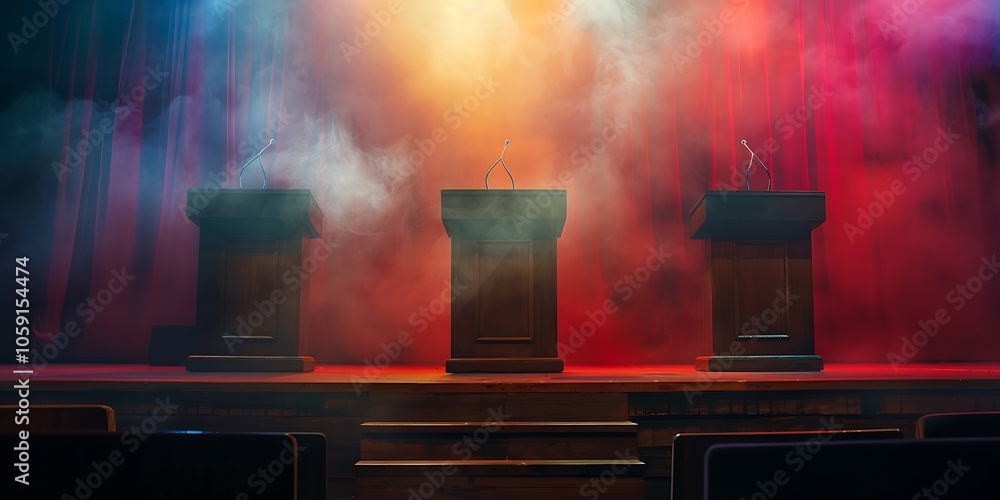 Poster empty podiums on stage with smoke abstract gradient background with copy space