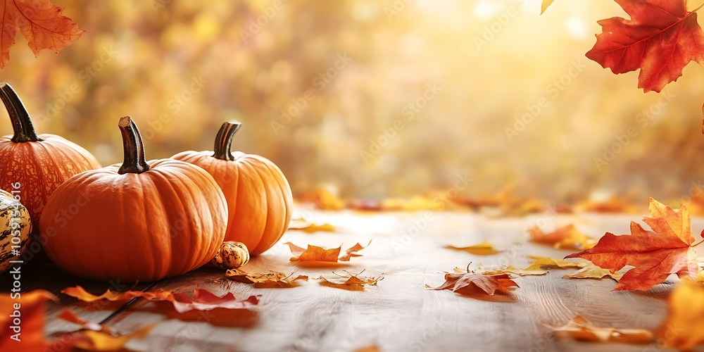 Aufkleber fall pumpkins on wooden table subtle blur background with space for custom text