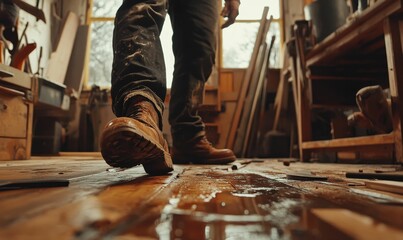 A man's work boot on a wooden floor.