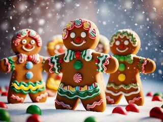 Obraz premium Delightful gingerbread cookies bringing festive cheer in a winter wonderland with colorful decorations and joyful expressions