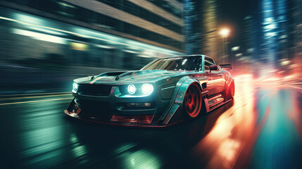 Street racing scene with sport car in neon lights. Speed lines and light trails of night urban drive.