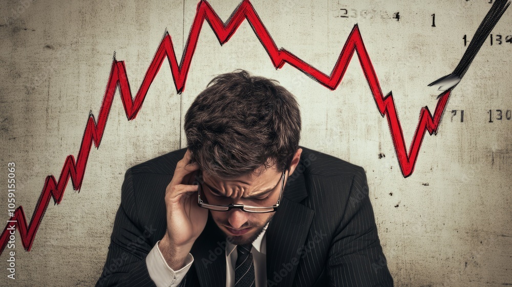 Poster businessman studying declining sales graph, showing signs of worry and disappointment