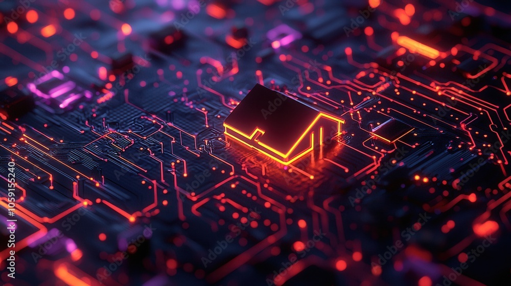 Poster a vibrant digital depiction of a house symbol surrounded by intricate circuit patterns, glowing with