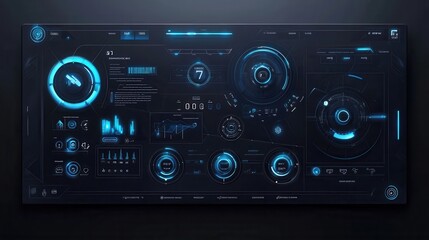 Fototapeta premium Futuristic control panel with glowing blue and black interface, showcasing data analytics and interactive features.