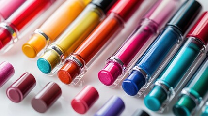 A close-up of a stunning array of colorful lipsticks, each in uniquely designed tubes, artfully arranged on a clean white surface for a chic look.
